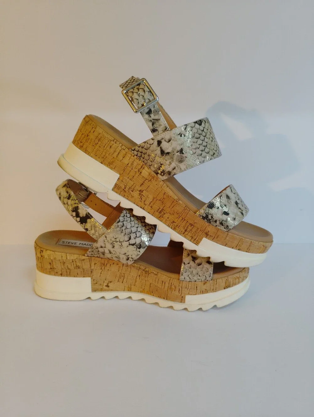 Steve Madden Metallic Snake-Print Wedge Sandals in Gold and Black